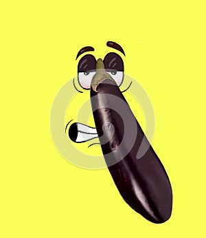 Contemporary collage. Funny annoyed purple eggplant feeling sad isolated over yellow background. Drawn vegetables in a