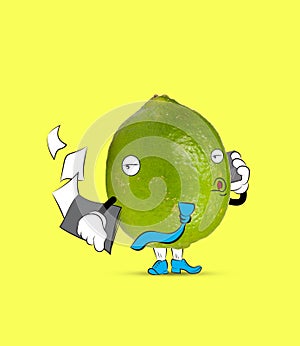 Contemporary collage. Funny cute green lime talking on phone isolated over yellow background. Drawn citrus in a cartoon