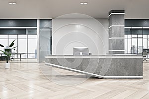 Contemporary concrete and hardwood office interior with reception desk and window with city view. Office lobby and waiting area
