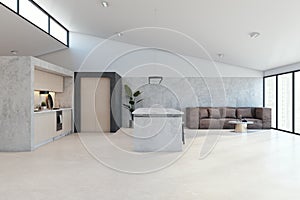 Contemporary concrete kitchen interior with furniture and appliances. Luxury designs concept.