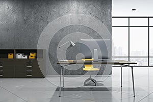 Contemporary concrete office interior with desktop and computer, other pieces of furniture and objects, window with city view. 3D
