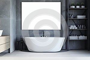 Contemporary concrete and wooden bathroom interior with empty white mock up banner, various objects.