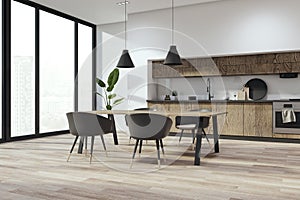 Contemporary concrete and wooden kitchen interior with window and city view, furniture and equipment.