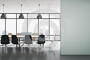 Contemporary concrete and wooden meeting room office interior with empty mock up place on wall, panoramic windows, city view,