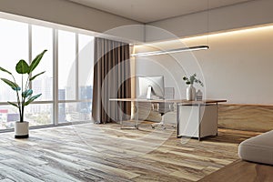 Contemporary concrete and wooden office interior with curtain, window with city view, workspace and furniture.