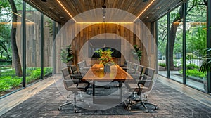 Contemporary conference room design in a modern office, featuring wooden wall decor,