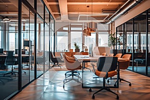 A contemporary conference room featuring transparent glass walls and chairs for meetings and collaborative discussions, The