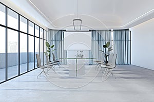 Contemporary conference room interior with empty white mock up poster, window and city view, waiting area.