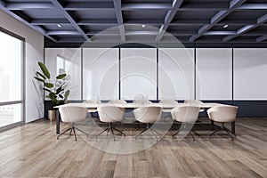 Contemporary conference room interior with furniture, concrete wooden and window and city view.