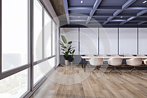 Contemporary conference room interior with mock up place, furniture, concrete wooden and window and city view.