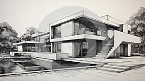 Modern House Pencil Drawing: Realist Landscapes With Sharp Perspective Angles photo