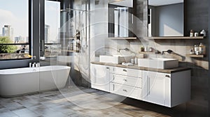 Contemporary Conveniences. Modern Bathroom Interior With Shower, Toilet, Mirror And Cabinets. Generative AI