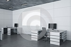 Contemporary coworking office interior with  blank poster on wall
