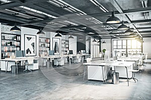 Contemporary coworking office interior with computers and shelves with documents