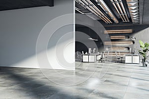 Contemporary coworking office interior with empty mock up place on wall, window and sunlight.