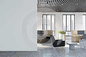 Contemporary coworking office interior with equipment, furniture, empty white mockup place on wall, city view and sunlight. 3D