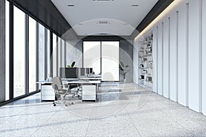 Contemporary coworking office interior with furniture, windows and equipment. Workspace concept.