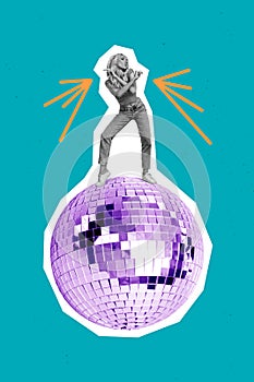 Contemporary creative art collage attractive dancing girl levitating disco ball have fun leisure party time retro