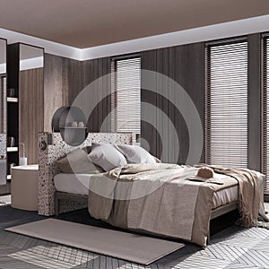 Contemporary dark wooden bedroom and bathroom in white and beige tones. Double bed, freestanding bathtub, parquet and wallpaper.