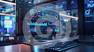 Contemporary Data Analysis: Computer Monitor Displaying Histograms and Pie Charts