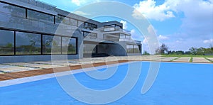 Contemporary design house made concrete and glass. Stunning pool with blue clean water. Amazing clouds above. 3d render