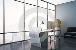Contemporary design of office interior with panoramic windows, city view, daylight, workplace with desktop and computer monitor