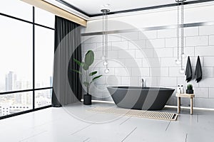 Contemporary designer bathroom interior with various decorative items, window with city view and curtains. 3D Rendering