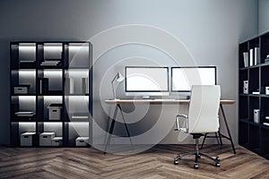 Contemporary designer desktop with two empty computer screen