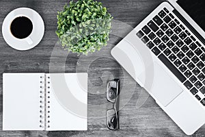 Contemporary desk top with supplies and keyboard