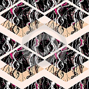 Contemporary diamond shapes multicolor seamless pattern, marble like background in psychedelic style. photo