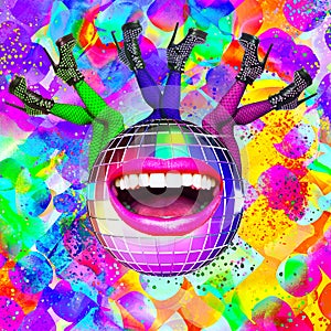 Contemporary digital collage art. Disco colorfull crazy style. Fashion, party,clubbing concept