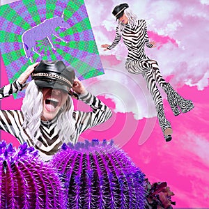 Contemporary digital funky minimal collage poster. Party emotional zebra Girl in fantasy space. Back in 90s. Pop art zine fashion