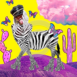 Contemporary digital funky minimal collage poster. Party funny zebra Girl in fantasy space. Back in 90s. Pop art zine fashion