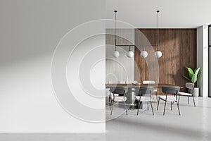 A contemporary dining room interior with wooden elements, design furniture, and a white background, illustrating a modern home