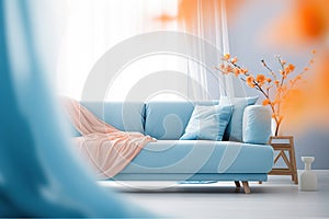 Contemporary Elegance Modern Blue Living Room Design with Stylish Sofa and Furniture, Enhanced by Blurred Bright Ambiance and