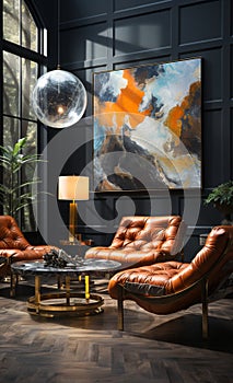 Contemporary Elegance: Sofa, Coffee Table in Glass and Painting for a Photorealistic Living Room, Explosion of Comfort and Style