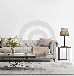 Contemporary elegant chic living room with grey tufted sofa