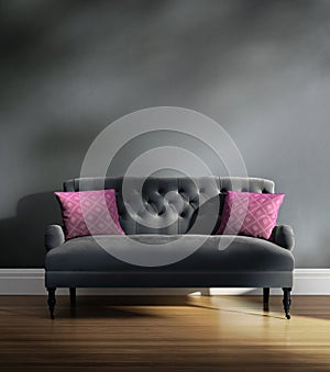 Moderno elegante lujo gris terciopelo sofá rosa almohadas 