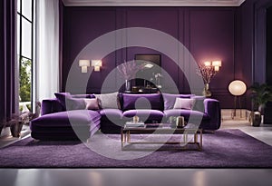 Contemporary elegant luxury purple sofa with cushions