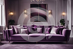 Contemporary elegant luxury purple sofa with cushions