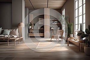 Contemporary empty home interior, scandiboho style, 3d render. Generative AI