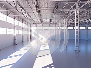Contemporary empty warehouse interior 3d illustration