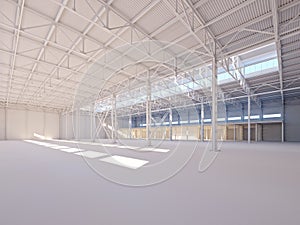 Contemporary empty white warehouse illuminated by sunlight 3d illustration