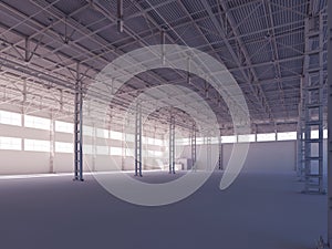 Contemporary empty white warehouse illuminated by sunlight interior 3d illustration