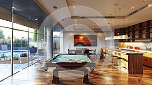 A Contemporary Entertainment Room Merging Indoor Pleasures with Outdoor Serenity via a Pool Table and Walkout Deck