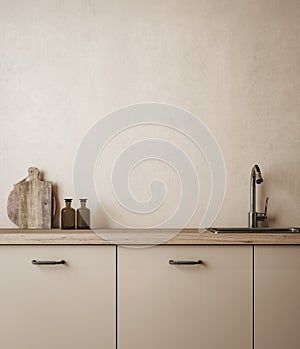 Contemporary Farmhouse style kitchen interior, blank wall mockup