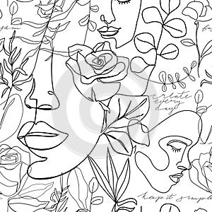 Contemporary fashion seamless pattern. One line continuous woman face, flowers, leaves and caligraphy phrase.