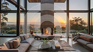 A contemporary fireplace is perfectly positioned to take in the sunrise over the distant rolling hills framed by photo