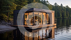 Contemporary floating cabin on beautiful lake