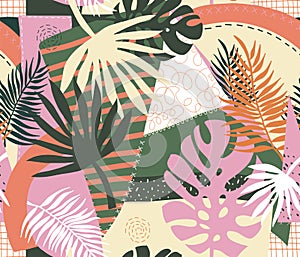 Contemporary floral palm leaves and abstract patchwork collage shapes seamless vector pattern. Repeating modern vibrant summer